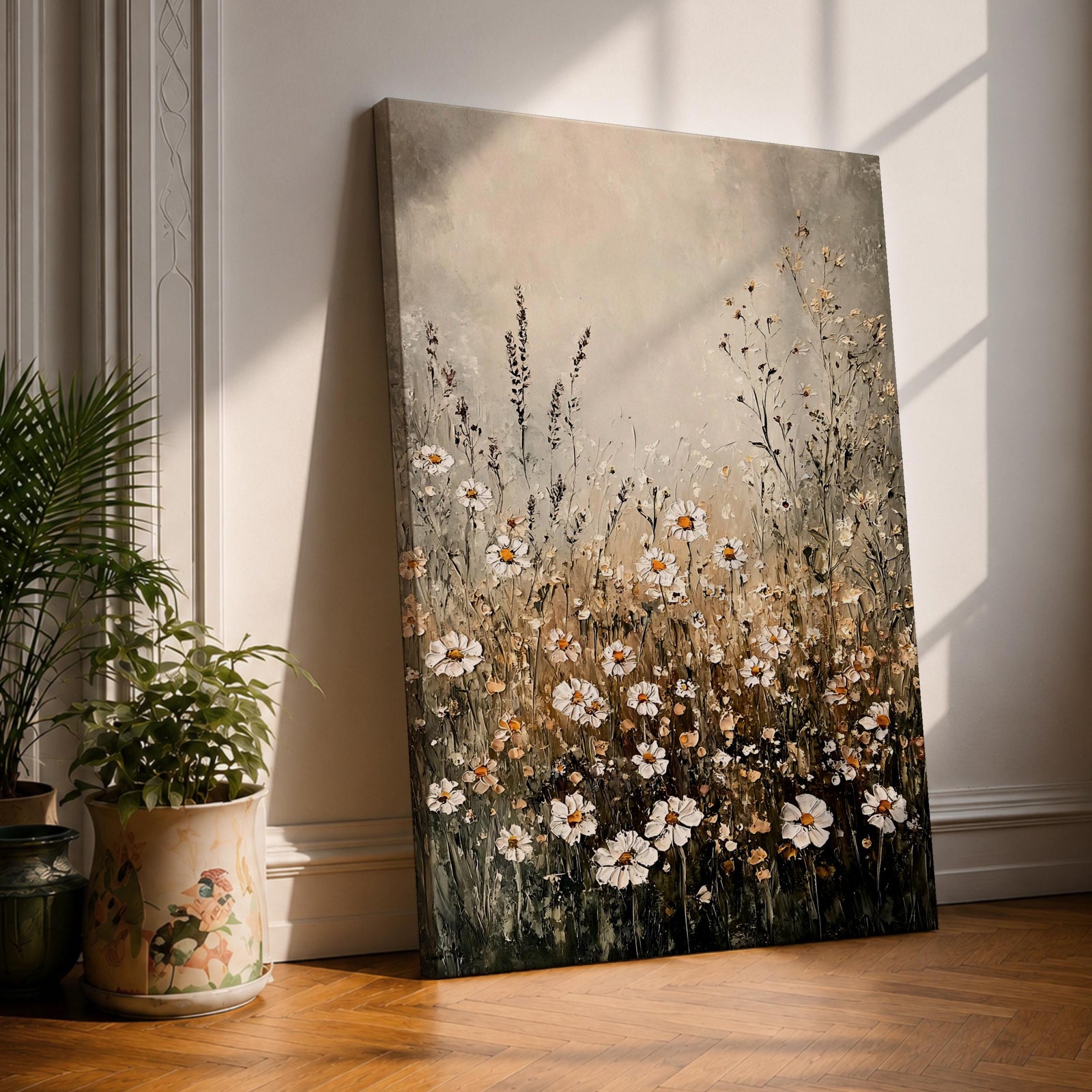 A framed canvas depicting a wildflower painting featuring delicate daisies and meadow flowers in a rustic, natural style with soft neutral tones, capturing the essence of a wildflower field in a cottagecore aesthetic.