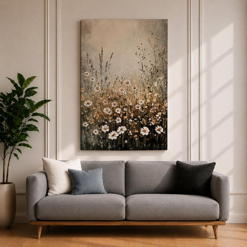 A framed canvas depicting a wildflower painting featuring delicate daisies and meadow flowers in a rustic, natural style with soft neutral tones, capturing the essence of a wildflower field in a cottagecore aesthetic.