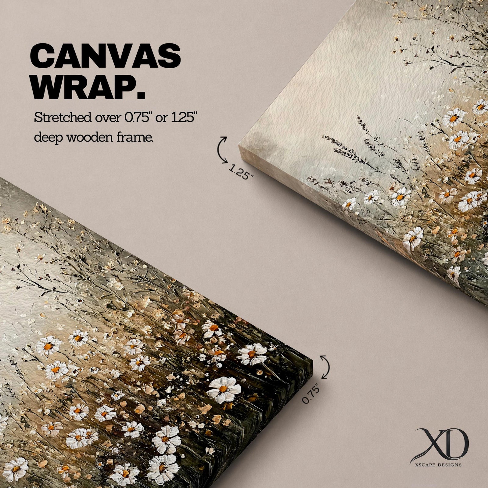 A framed canvas depicting a wildflower painting featuring delicate daisies and meadow flowers in a rustic, natural style with soft neutral tones, capturing the essence of a wildflower field in a cottagecore aesthetic.