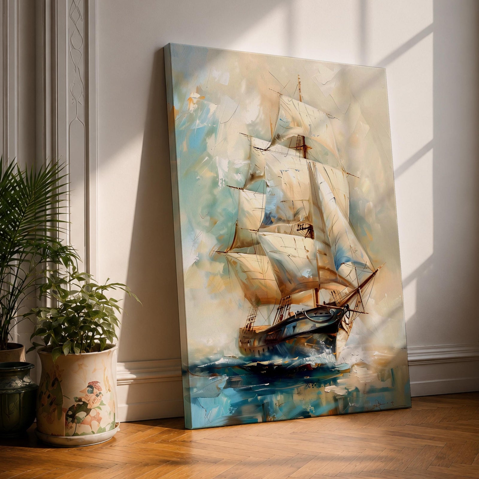 A vintage-style framed canvas painting of a sailing ship with full sails navigating through water, featuring a tall ship design with detailed rigging and a dynamic sea background rendered in soft, blended brushstrokes emphasizing movement and classic maritime imagery.