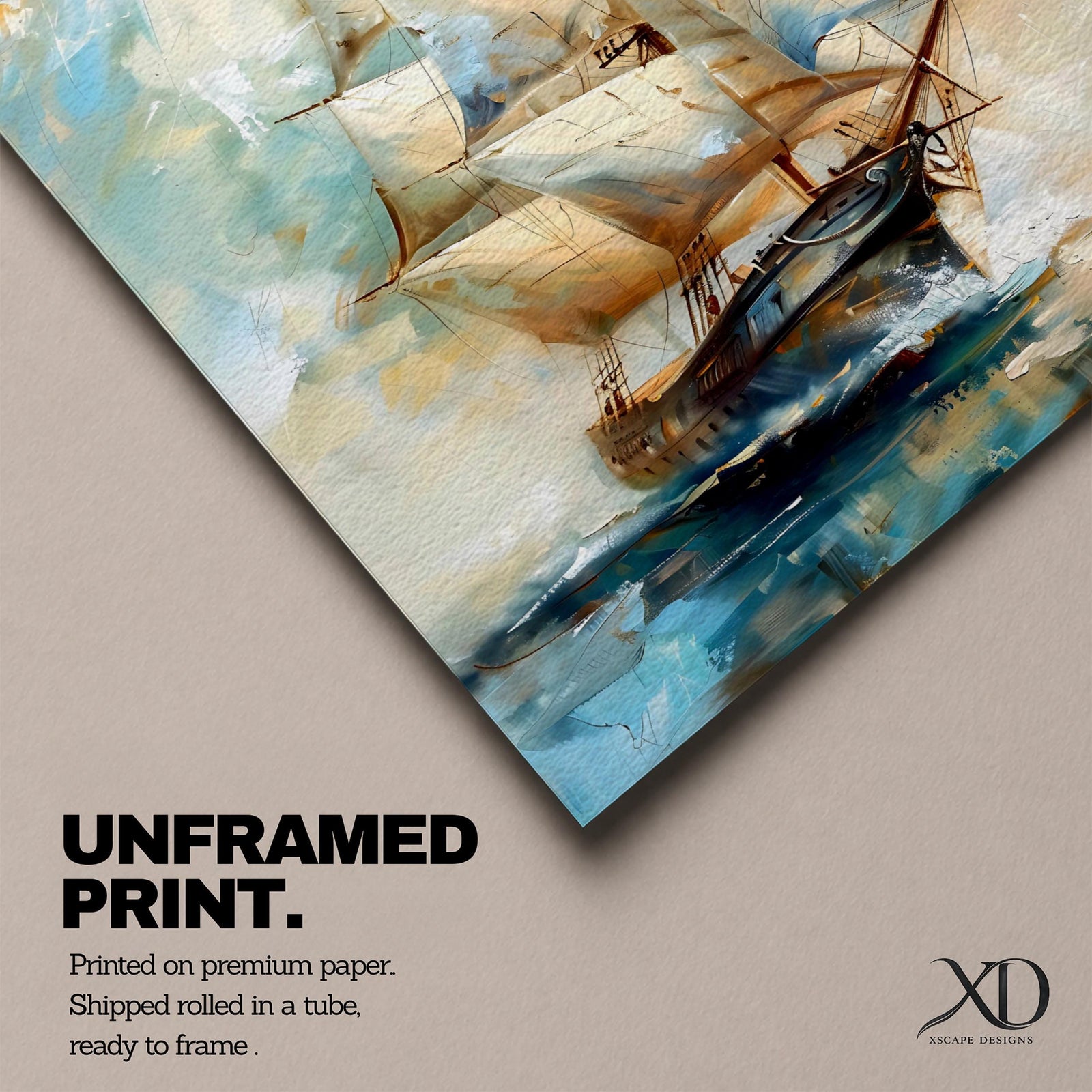 A vintage-style framed canvas painting of a sailing ship with full sails navigating through water, featuring a tall ship design with detailed rigging and a dynamic sea background rendered in soft, blended brushstrokes emphasizing movement and classic maritime imagery.