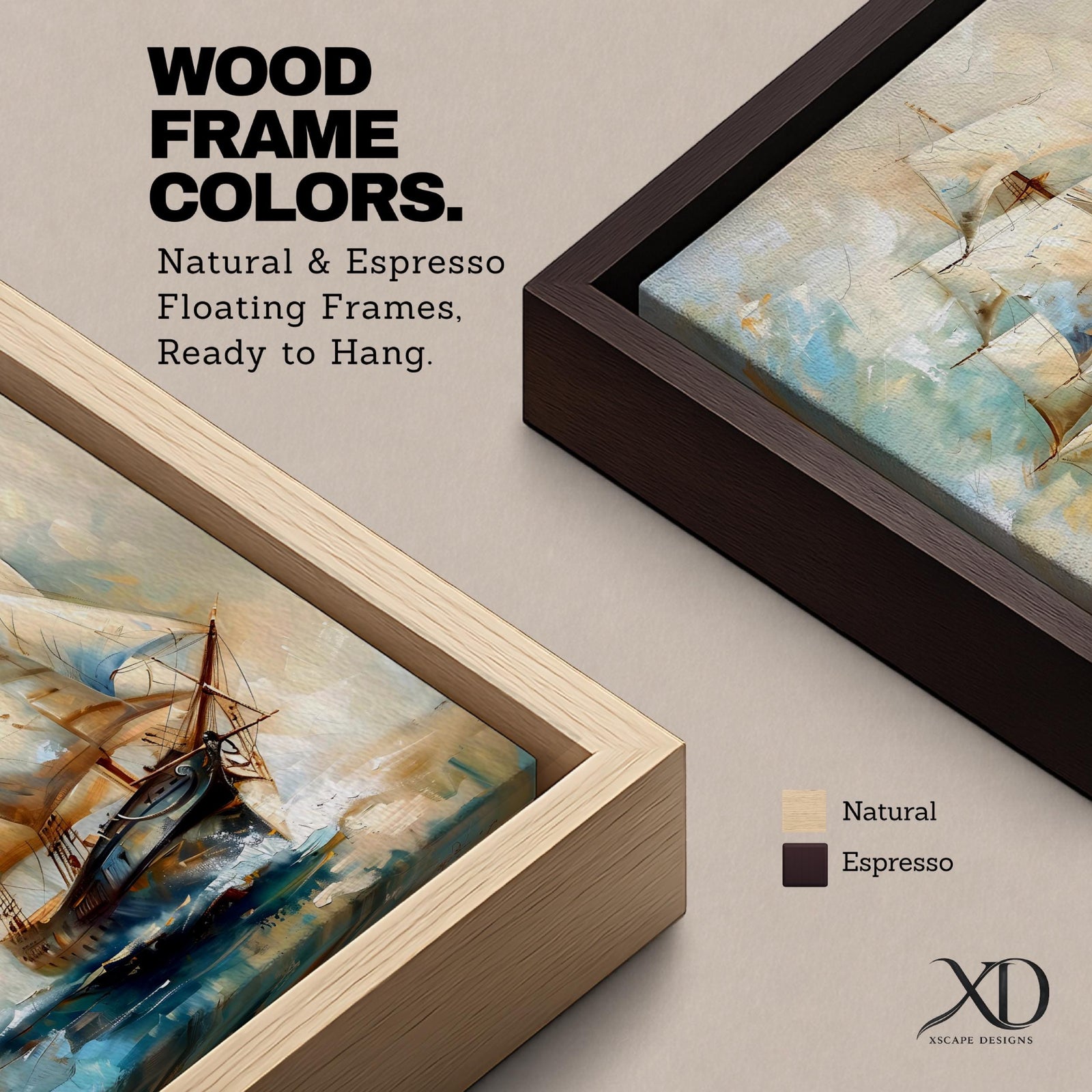A vintage-style framed canvas painting of a sailing ship with full sails navigating through water, featuring a tall ship design with detailed rigging and a dynamic sea background rendered in soft, blended brushstrokes emphasizing movement and classic maritime imagery.