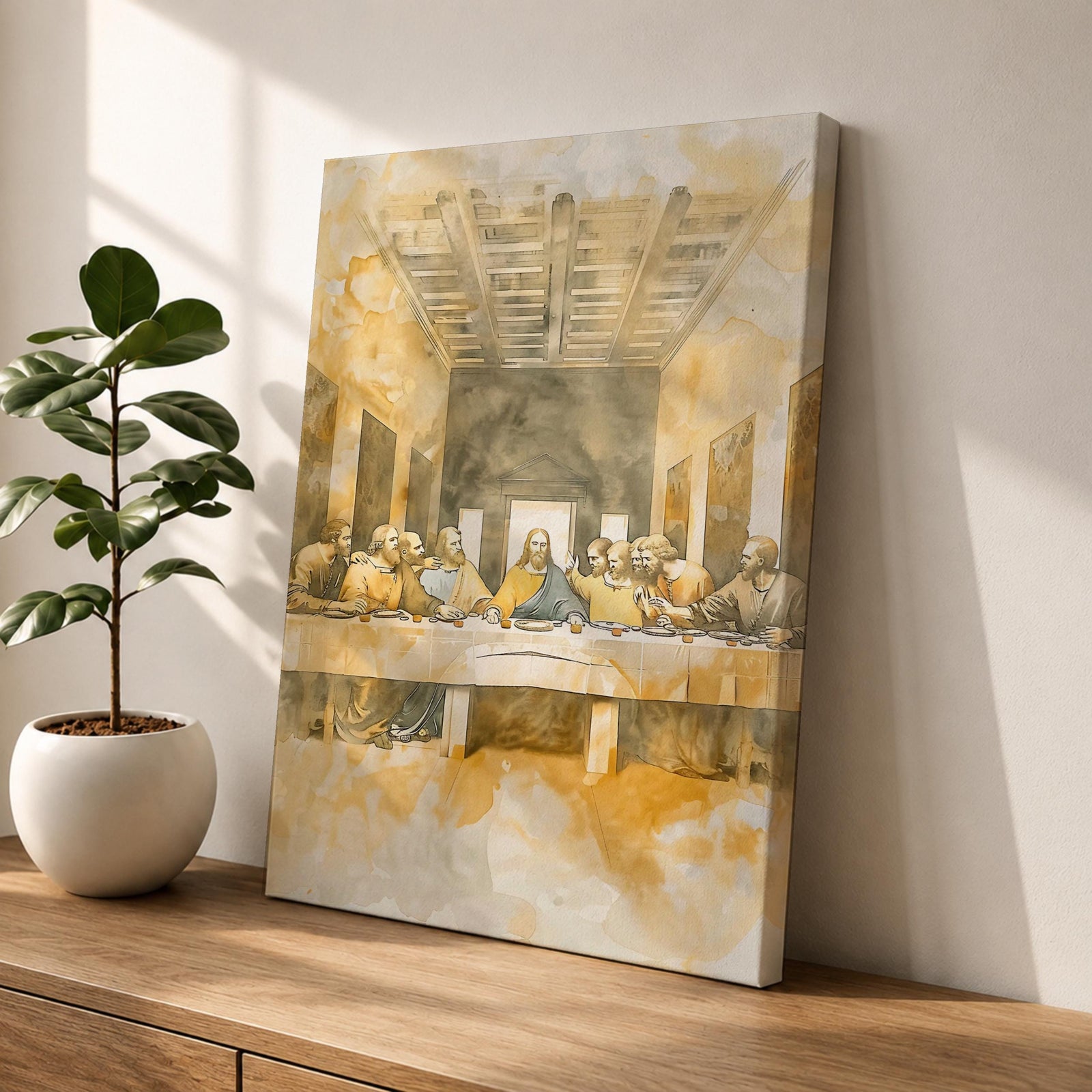A vintage style framed canvas depicting the Last Supper scene with Jesus and his twelve apostles seated at a long table inside a room with wooden ceiling beams and open doorway, rendered in muted sepia tones and classic composition.