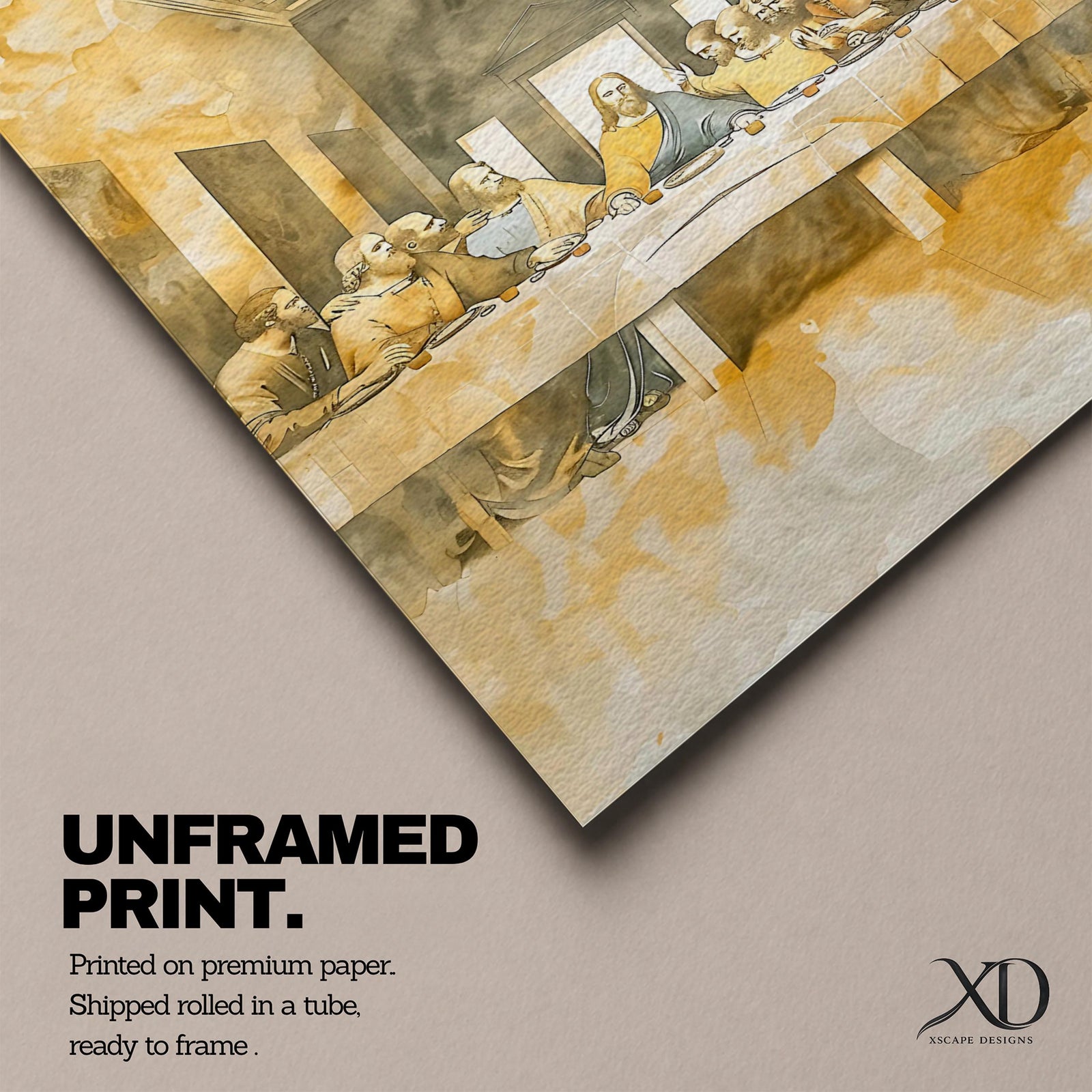 A vintage style framed canvas depicting the Last Supper scene with Jesus and his twelve apostles seated at a long table inside a room with wooden ceiling beams and open doorway, rendered in muted sepia tones and classic composition.