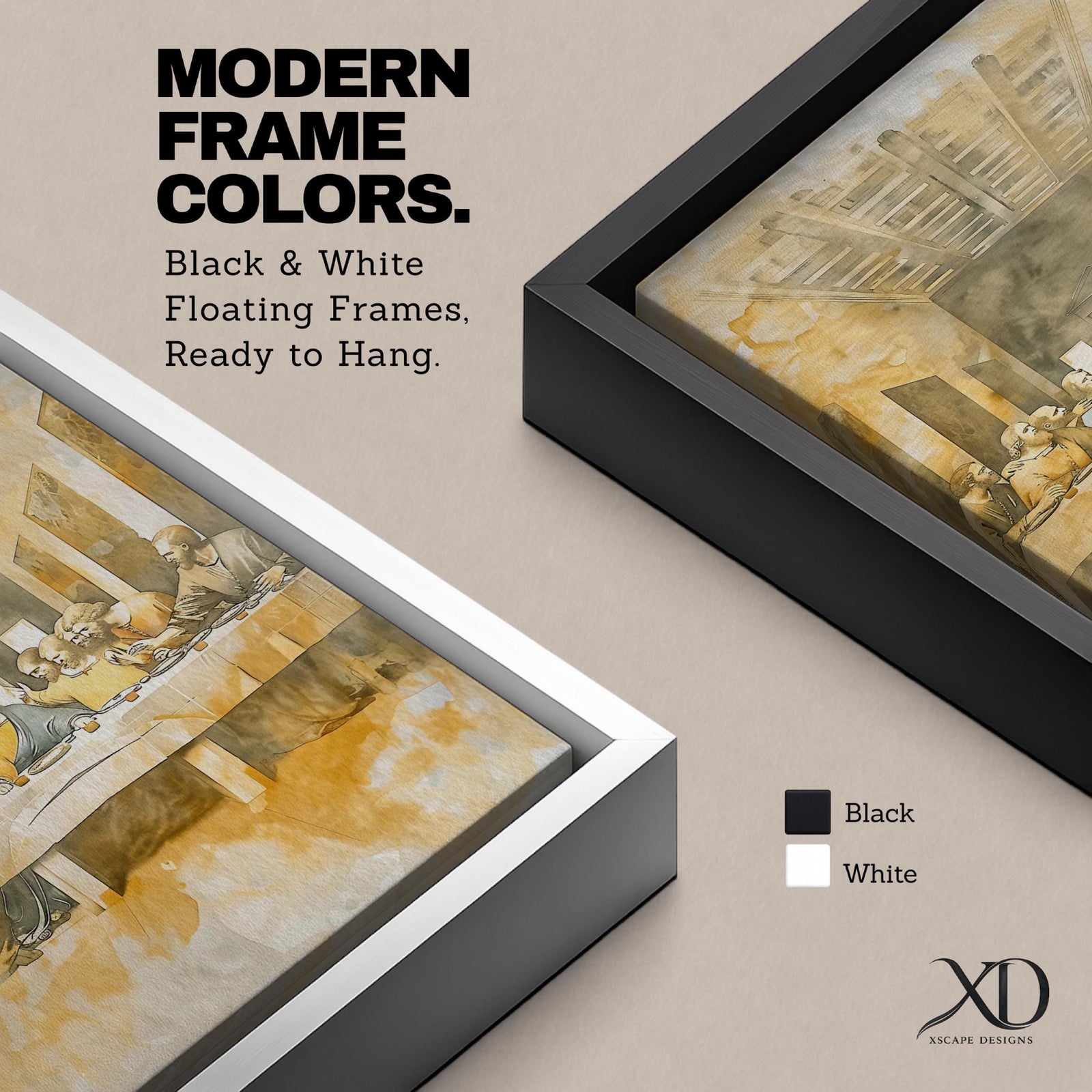 A vintage style framed canvas depicting the Last Supper scene with Jesus and his twelve apostles seated at a long table inside a room with wooden ceiling beams and open doorway, rendered in muted sepia tones and classic composition.