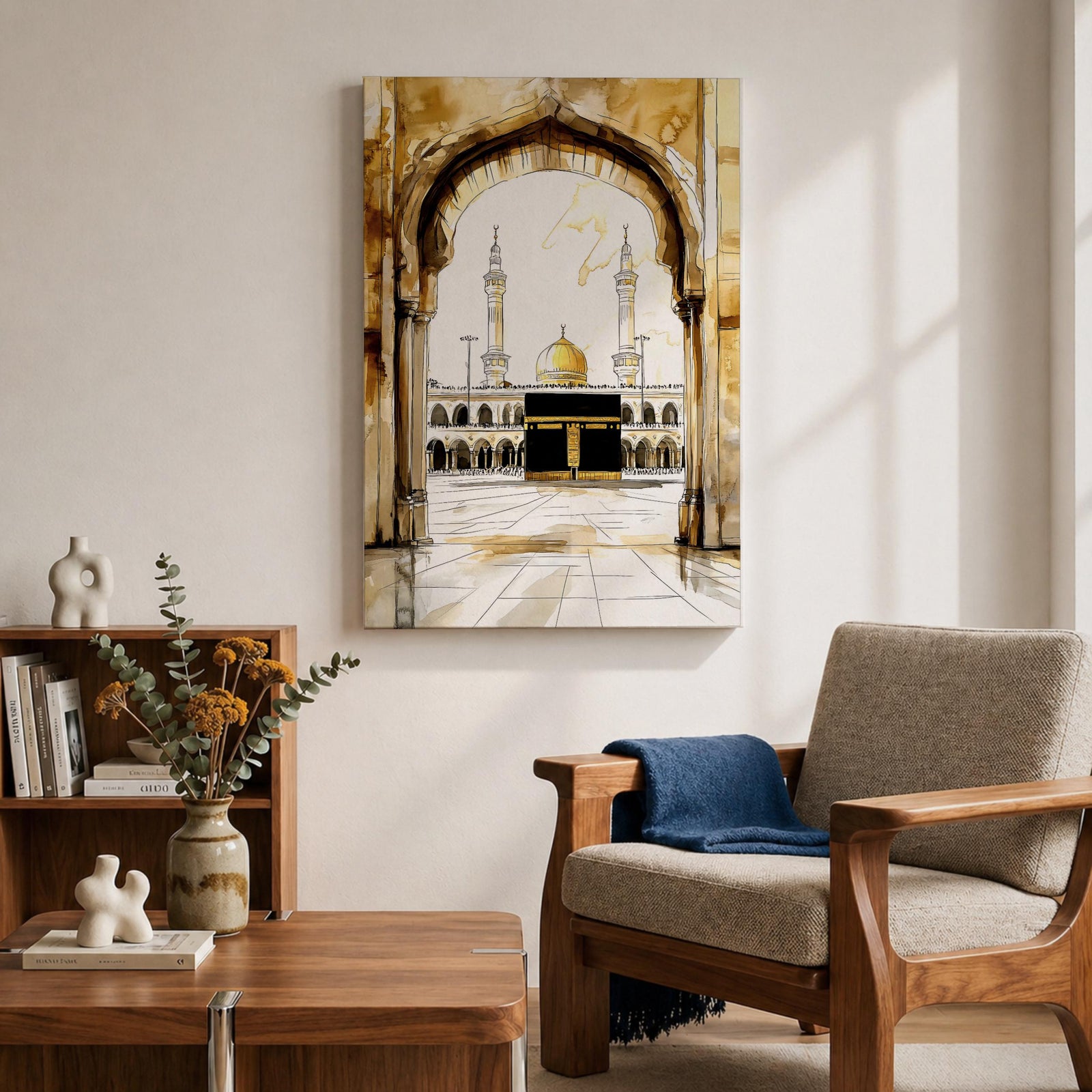 Watercolor illustration of the Kaaba at the center of Masjid al Haram in Mecca with pilgrims gathered around the sacred cubic sanctuary draped in the black kiswah, with surrounding mosque arcades, minarets, and the Abraj clock tower rising behind in a soft atmospheric wash rendered in warm sepia toned watercolor.
