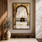 Watercolor illustration of the Kaaba at the center of Masjid al Haram in Mecca with pilgrims gathered around the sacred cubic sanctuary draped in the black kiswah, with surrounding mosque arcades, minarets, and the Abraj clock tower rising behind in a soft atmospheric wash rendered in warm sepia toned watercolor.
