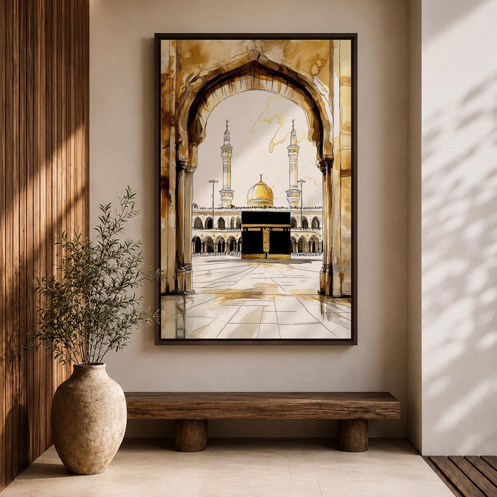 Watercolor illustration of the Kaaba at the center of Masjid al Haram in Mecca with pilgrims gathered around the sacred cubic sanctuary draped in the black kiswah, with surrounding mosque arcades, minarets, and the Abraj clock tower rising behind in a soft atmospheric wash rendered in warm sepia toned watercolor.