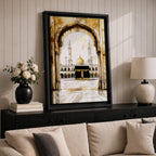 Watercolor illustration of the Kaaba at the center of Masjid al Haram in Mecca with pilgrims gathered around the sacred cubic sanctuary draped in the black kiswah, with surrounding mosque arcades, minarets, and the Abraj clock tower rising behind in a soft atmospheric wash rendered in warm sepia toned watercolor.