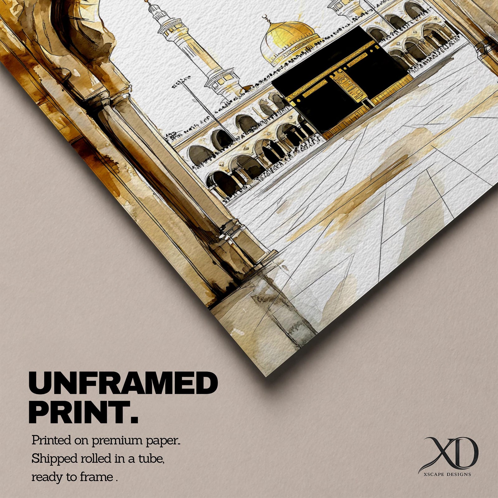 Watercolor illustration of the Kaaba at the center of Masjid al Haram in Mecca with pilgrims gathered around the sacred cubic sanctuary draped in the black kiswah, with surrounding mosque arcades, minarets, and the Abraj clock tower rising behind in a soft atmospheric wash rendered in warm sepia toned watercolor.