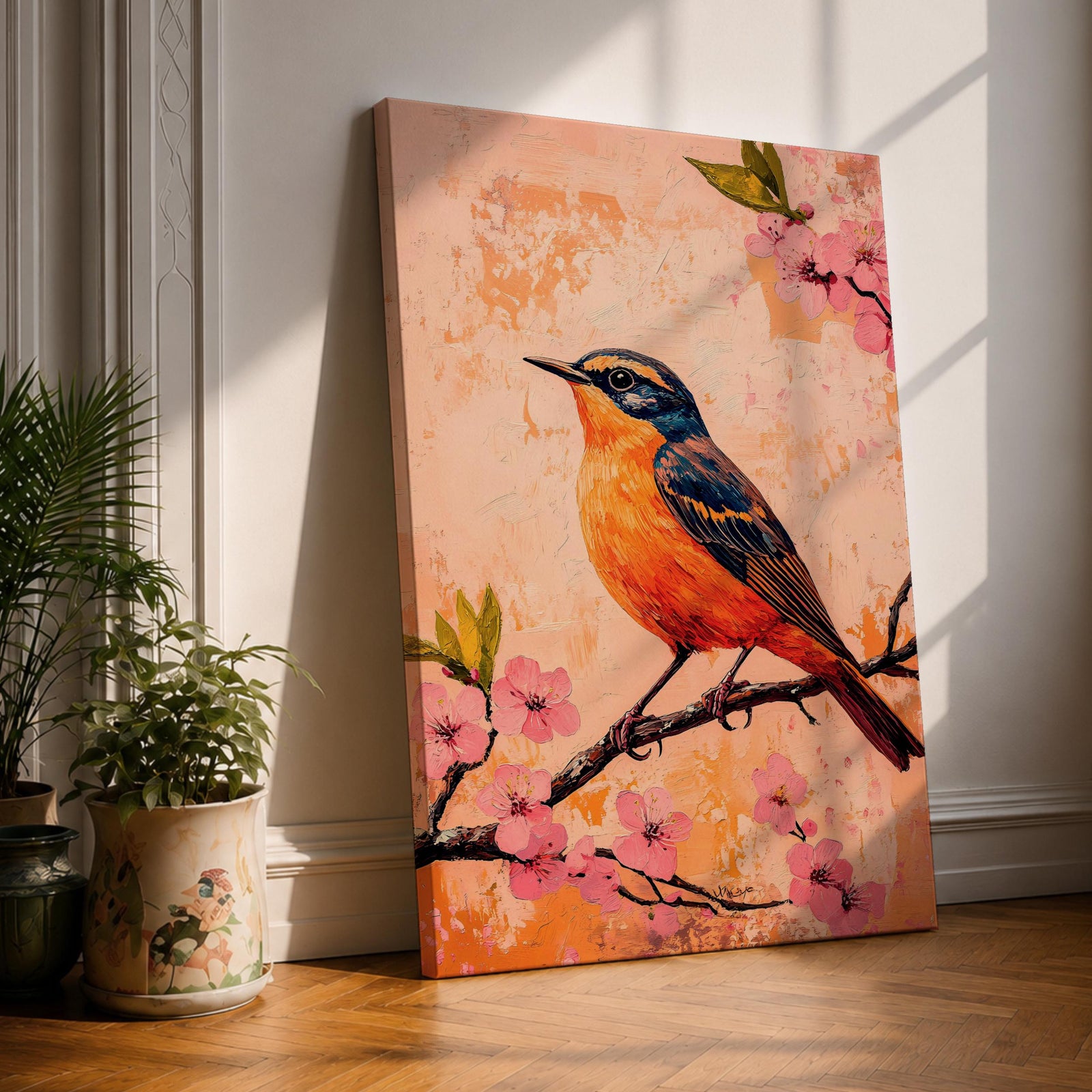A vibrant painting of a bird perched on a branch adorned with pink blossoms. The artwork features detailed brushwork highlighting the bird's orange and blue feathers against a textured warm background. The composition emphasizes natural elements with a botanical theme, capturing a serene moment in nature.