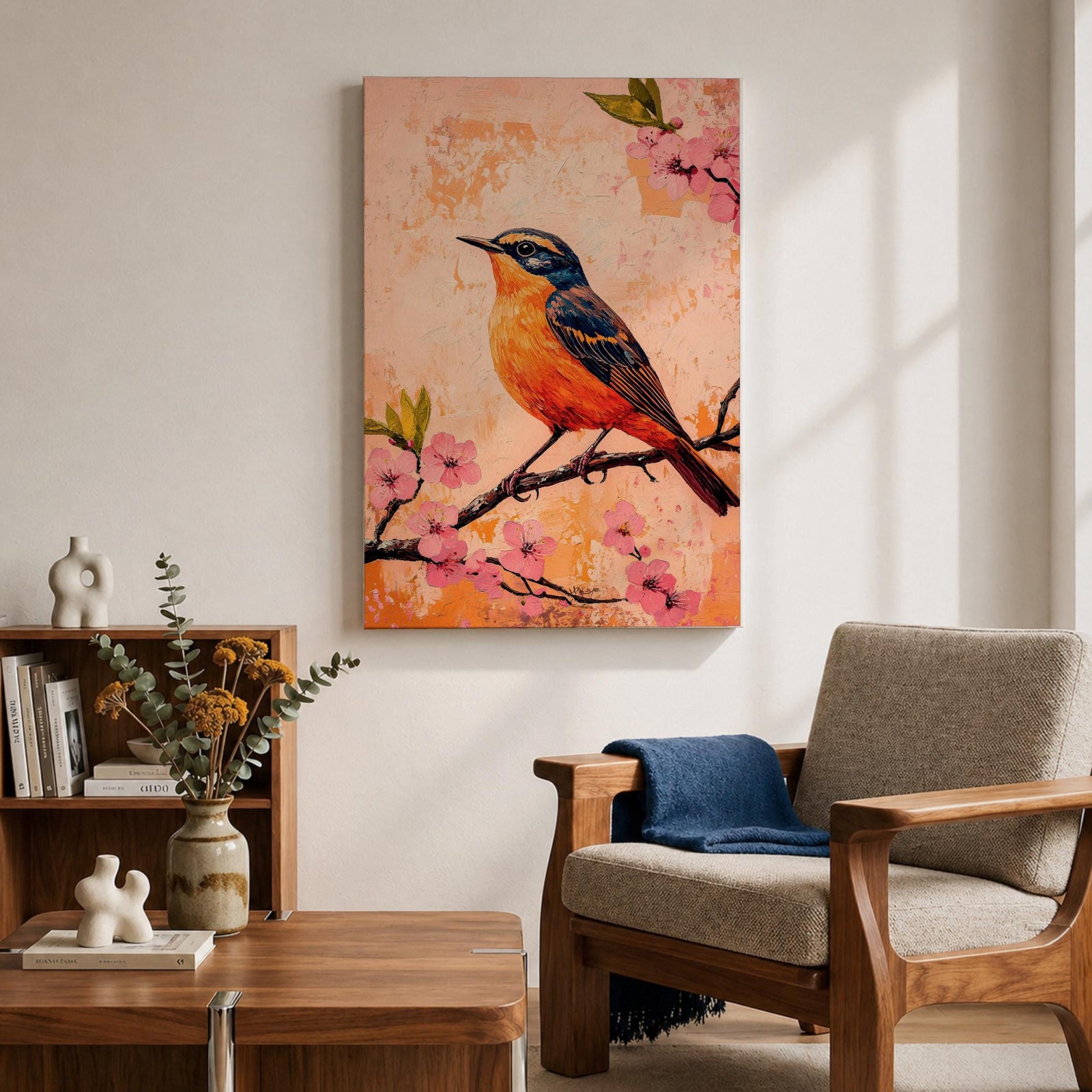 A vibrant painting of a bird perched on a branch adorned with pink blossoms. The artwork features detailed brushwork highlighting the bird's orange and blue feathers against a textured warm background. The composition emphasizes natural elements with a botanical theme, capturing a serene moment in nature.