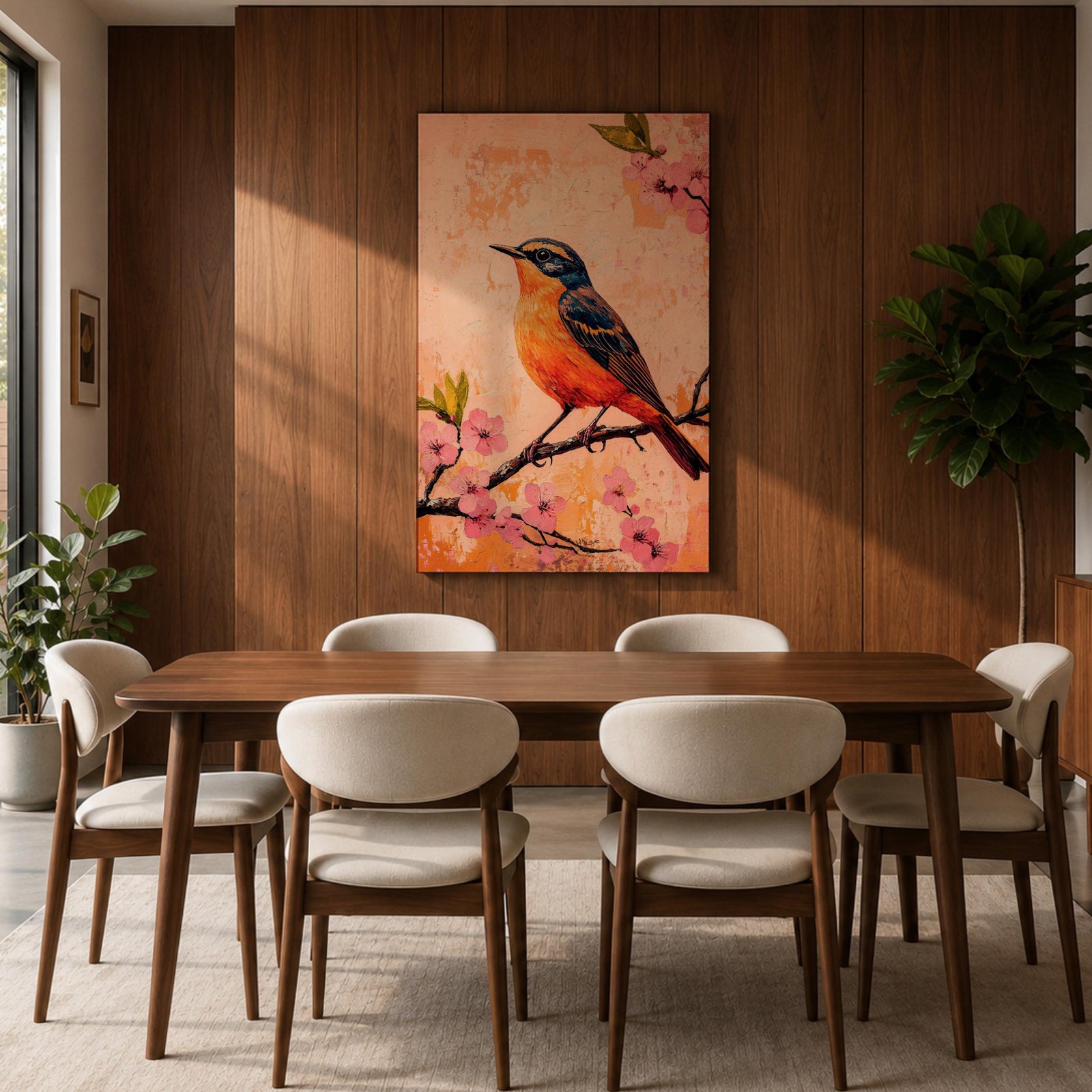 A vibrant painting of a bird perched on a branch adorned with pink blossoms. The artwork features detailed brushwork highlighting the bird's orange and blue feathers against a textured warm background. The composition emphasizes natural elements with a botanical theme, capturing a serene moment in nature.