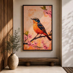A vibrant painting of a bird perched on a branch adorned with pink blossoms. The artwork features detailed brushwork highlighting the bird's orange and blue feathers against a textured warm background. The composition emphasizes natural elements with a botanical theme, capturing a serene moment in nature.