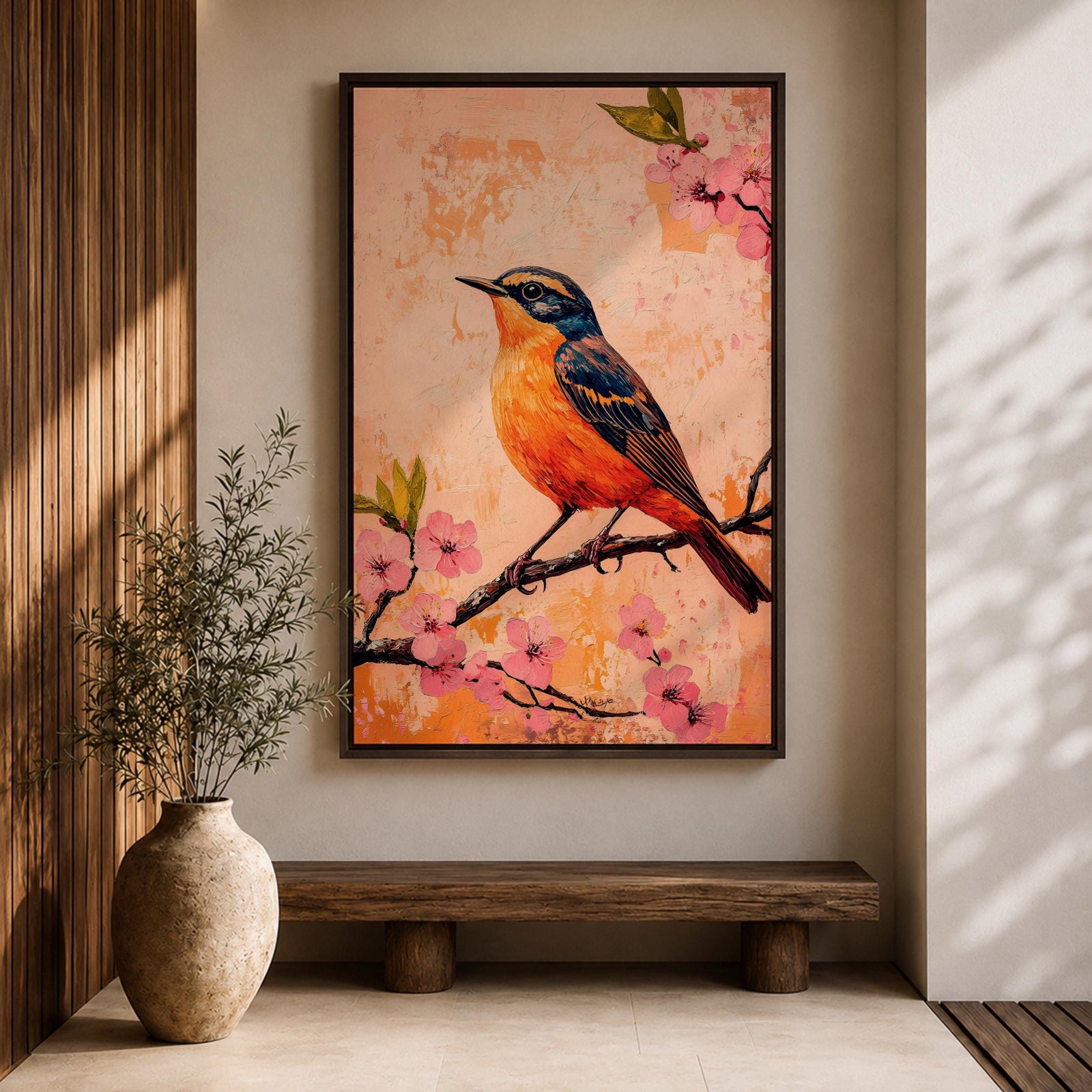 A vibrant painting of a bird perched on a branch adorned with pink blossoms. The artwork features detailed brushwork highlighting the bird's orange and blue feathers against a textured warm background. The composition emphasizes natural elements with a botanical theme, capturing a serene moment in nature.