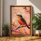 A vibrant painting of a bird perched on a branch adorned with pink blossoms. The artwork features detailed brushwork highlighting the bird's orange and blue feathers against a textured warm background. The composition emphasizes natural elements with a botanical theme, capturing a serene moment in nature.
