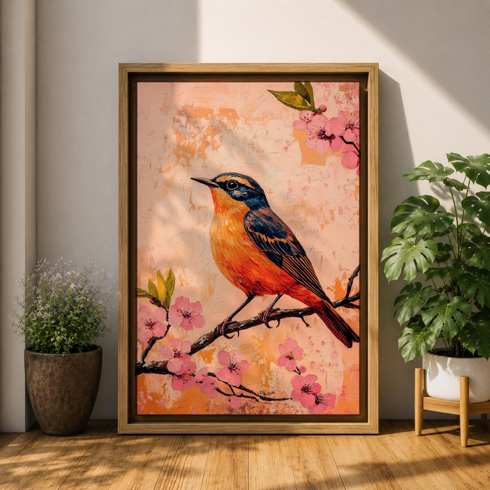 A vibrant painting of a bird perched on a branch adorned with pink blossoms. The artwork features detailed brushwork highlighting the bird's orange and blue feathers against a textured warm background. The composition emphasizes natural elements with a botanical theme, capturing a serene moment in nature.