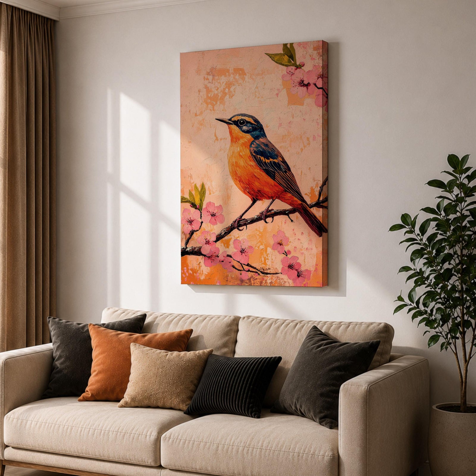 A vibrant painting of a bird perched on a branch adorned with pink blossoms. The artwork features detailed brushwork highlighting the bird's orange and blue feathers against a textured warm background. The composition emphasizes natural elements with a botanical theme, capturing a serene moment in nature.
