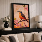 A vibrant painting of a bird perched on a branch adorned with pink blossoms. The artwork features detailed brushwork highlighting the bird's orange and blue feathers against a textured warm background. The composition emphasizes natural elements with a botanical theme, capturing a serene moment in nature.
