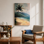 A framed canvas painting depicting a tropical beach scene with a prominent palm tree leaning over sandy shores. The artwork features distant mountains and a calm sea under a cloudy sky, rendered in a vintage style with textured brushstrokes emphasizing natural landscape elements.
