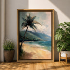 A framed canvas painting depicting a tropical beach scene with a prominent palm tree leaning over sandy shores. The artwork features distant mountains and a calm sea under a cloudy sky, rendered in a vintage style with textured brushstrokes emphasizing natural landscape elements.