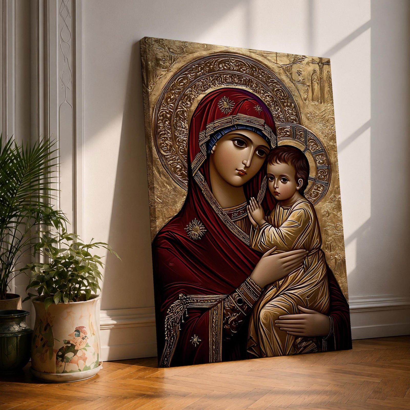 A detailed icon of Virgin Mary holding the Child Jesus, featuring traditional Orthodox Christian style with gold halos and intricate robes, framed in an ornate black frame, emphasizing the sacred bond between mother and child in a classic Christian iconographic composition.