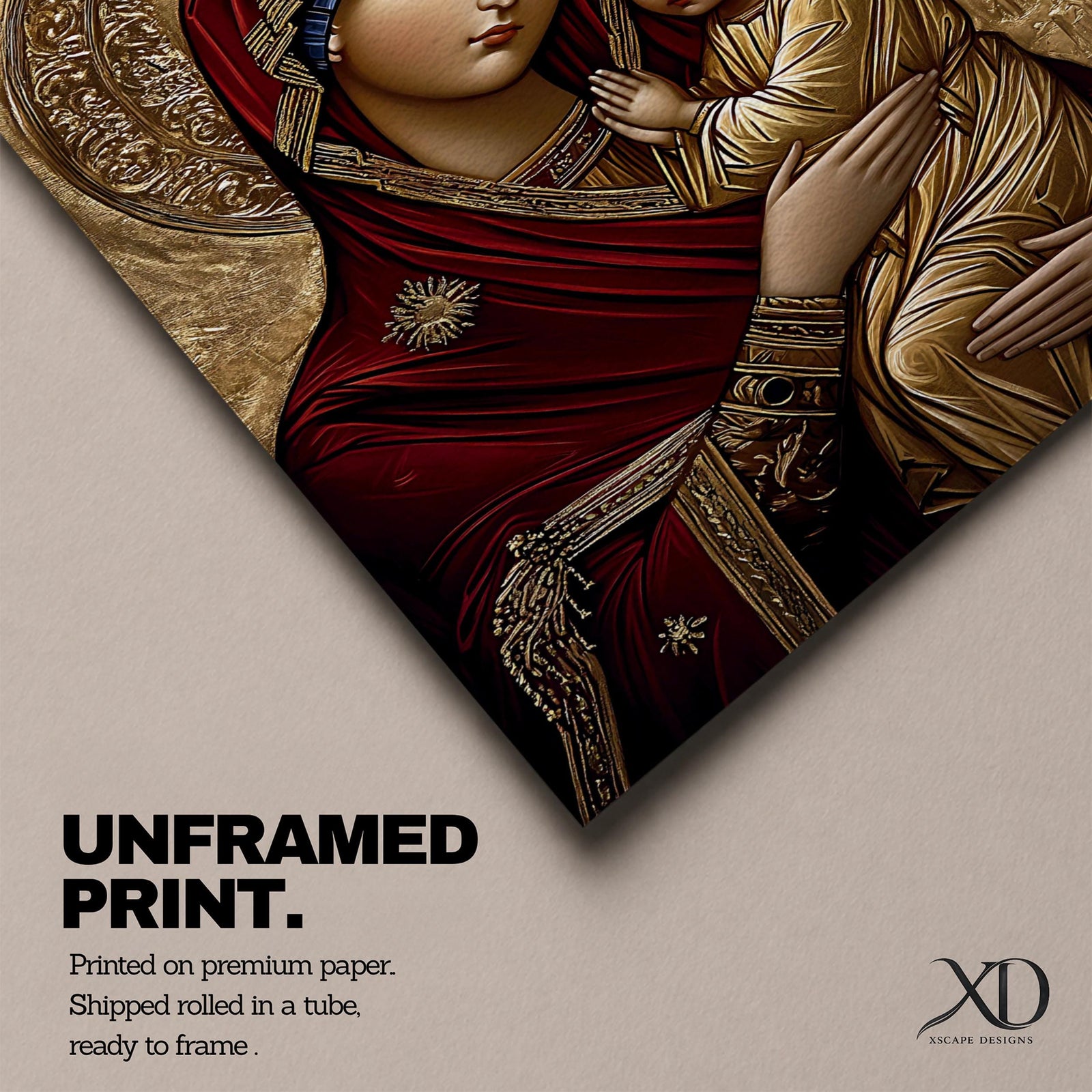 A detailed icon of Virgin Mary holding the Child Jesus, featuring traditional Orthodox Christian style with gold halos and intricate robes, framed in an ornate black frame, emphasizing the sacred bond between mother and child in a classic Christian iconographic composition.