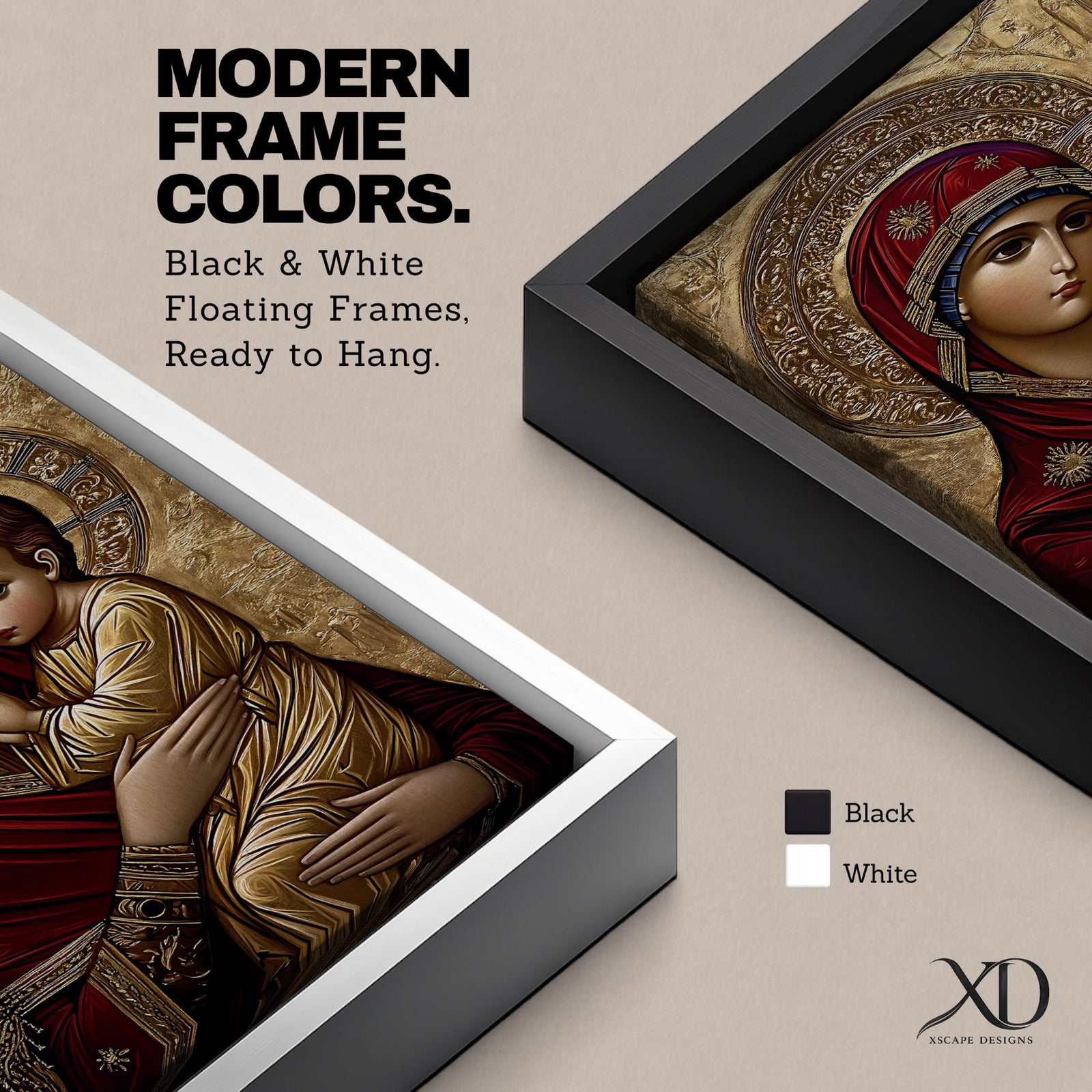 A detailed icon of Virgin Mary holding the Child Jesus, featuring traditional Orthodox Christian style with gold halos and intricate robes, framed in an ornate black frame, emphasizing the sacred bond between mother and child in a classic Christian iconographic composition.