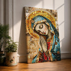 A mosaic-style framed canvas depicting the Virgin Mary with hands clasped in prayer and eyes closed, wearing a blue mantle and golden halo, composed of small colored tiles forming a detailed religious portrait in a mosaic art style.