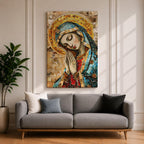 A mosaic-style framed canvas depicting the Virgin Mary with hands clasped in prayer and eyes closed, wearing a blue mantle and golden halo, composed of small colored tiles forming a detailed religious portrait in a mosaic art style.