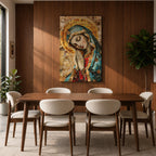 A mosaic-style framed canvas depicting the Virgin Mary with hands clasped in prayer and eyes closed, wearing a blue mantle and golden halo, composed of small colored tiles forming a detailed religious portrait in a mosaic art style.