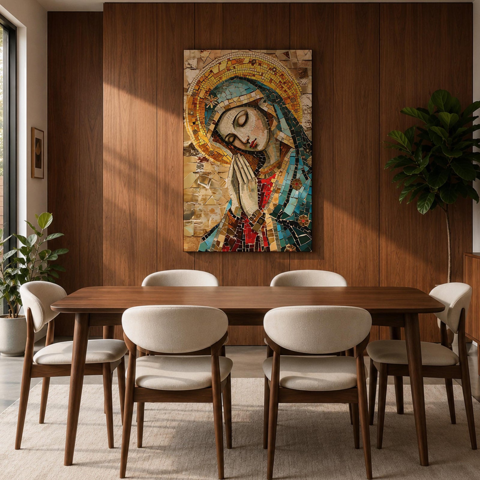 A mosaic-style framed canvas depicting the Virgin Mary with hands clasped in prayer and eyes closed, wearing a blue mantle and golden halo, composed of small colored tiles forming a detailed religious portrait in a mosaic art style.
