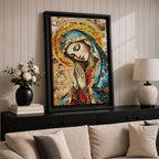 A mosaic-style framed canvas depicting the Virgin Mary with hands clasped in prayer and eyes closed, wearing a blue mantle and golden halo, composed of small colored tiles forming a detailed religious portrait in a mosaic art style.