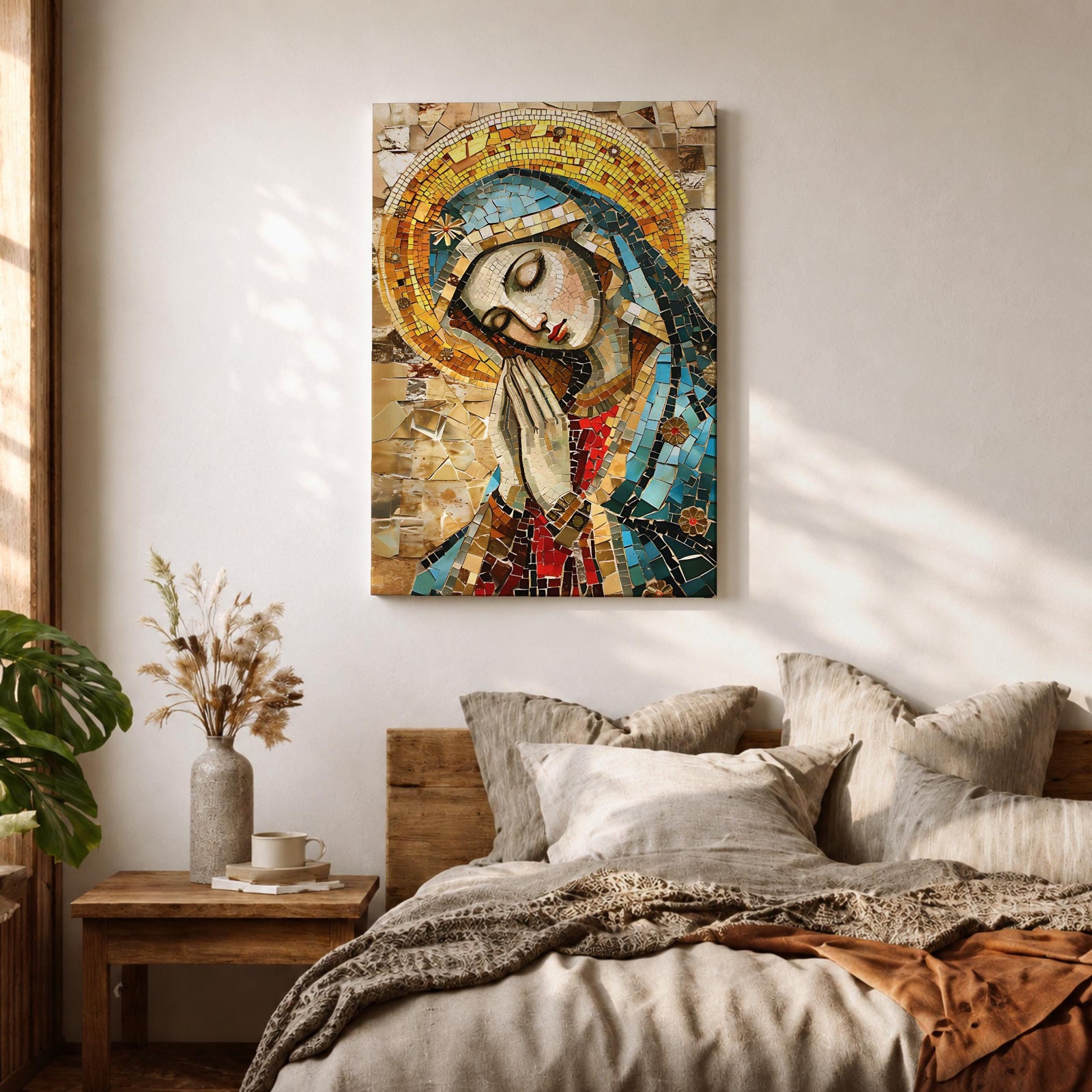 A mosaic-style framed canvas depicting the Virgin Mary with hands clasped in prayer and eyes closed, wearing a blue mantle and golden halo, composed of small colored tiles forming a detailed religious portrait in a mosaic art style.