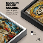 A mosaic-style framed canvas depicting the Virgin Mary with hands clasped in prayer and eyes closed, wearing a blue mantle and golden halo, composed of small colored tiles forming a detailed religious portrait in a mosaic art style.