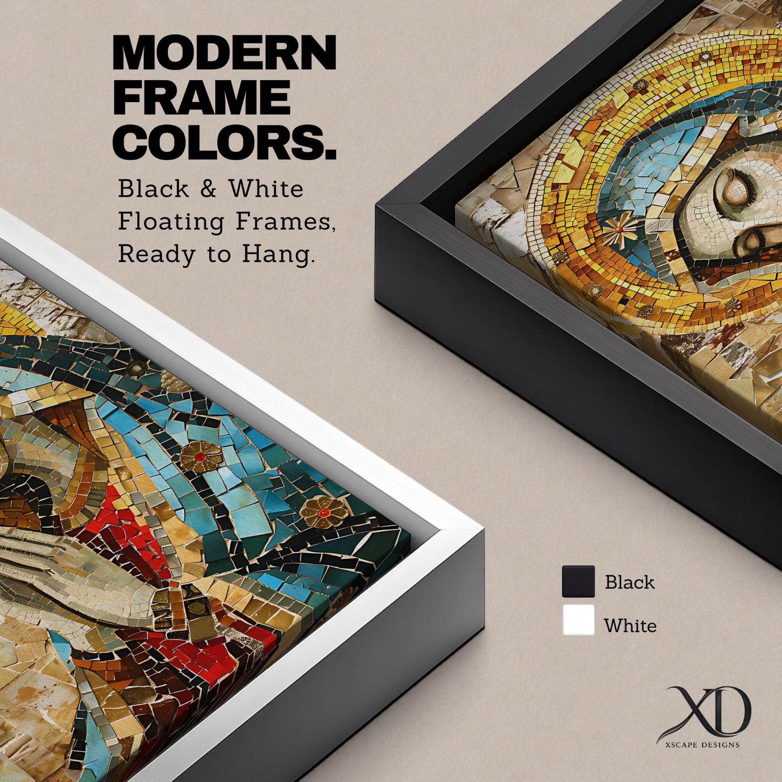 A mosaic-style framed canvas depicting the Virgin Mary with hands clasped in prayer and eyes closed, wearing a blue mantle and golden halo, composed of small colored tiles forming a detailed religious portrait in a mosaic art style.
