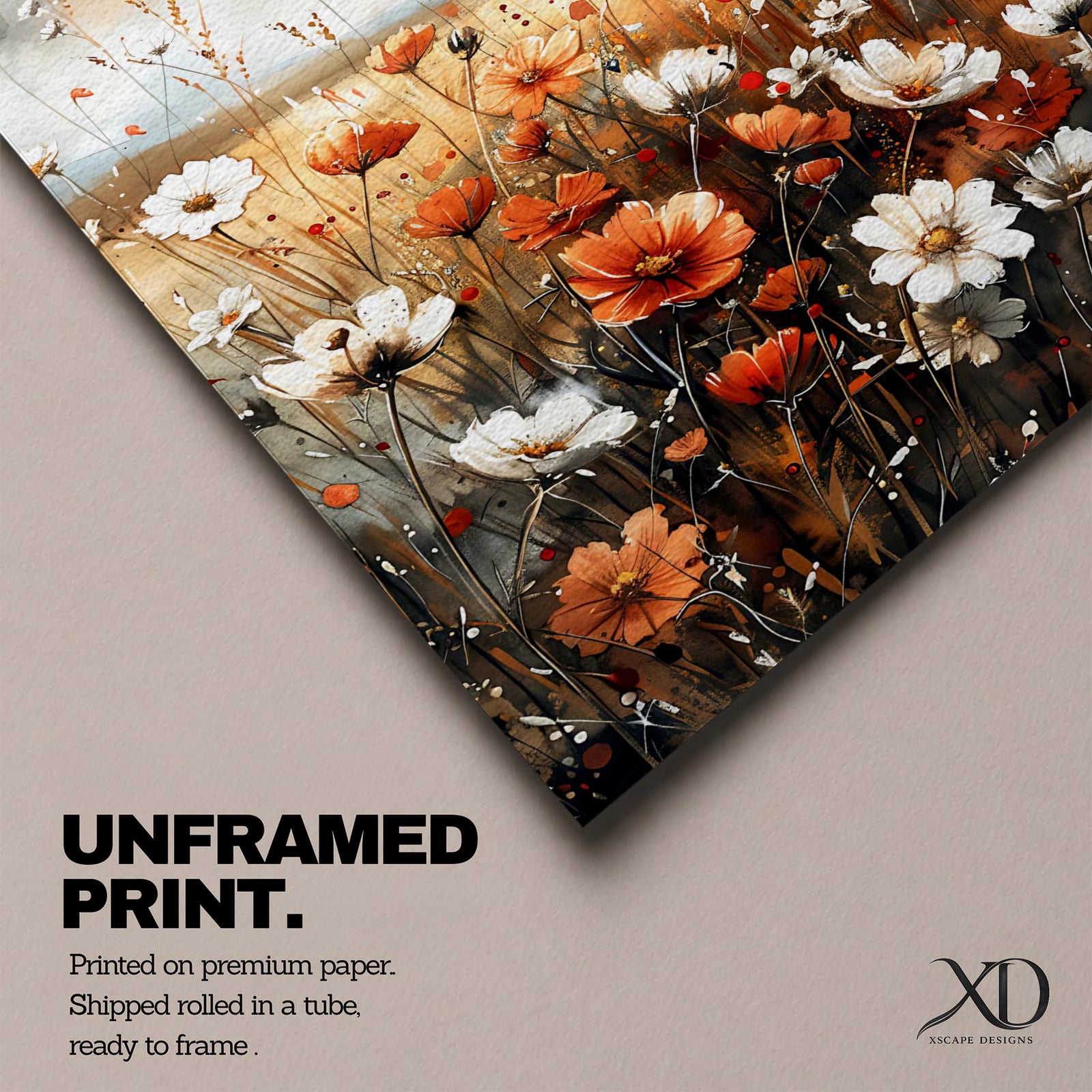 A framed canvas print depicting a field of wildflowers with white and orange blossoms set against a muted natural background. The artwork captures detailed botanical elements with delicate stems and petals, evoking a rustic and natural atmosphere through a vintage-inspired style.