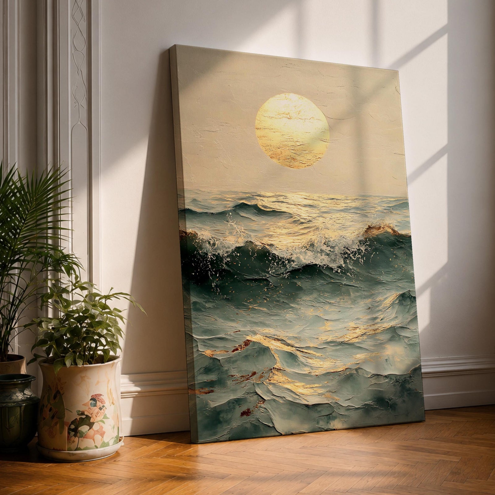 A framed canvas artwork depicting ocean waves under a large glowing sun, rendered in a vintage style with textured brushstrokes capturing the dynamic movement of the sea and the warm light reflecting on the water’s surface.