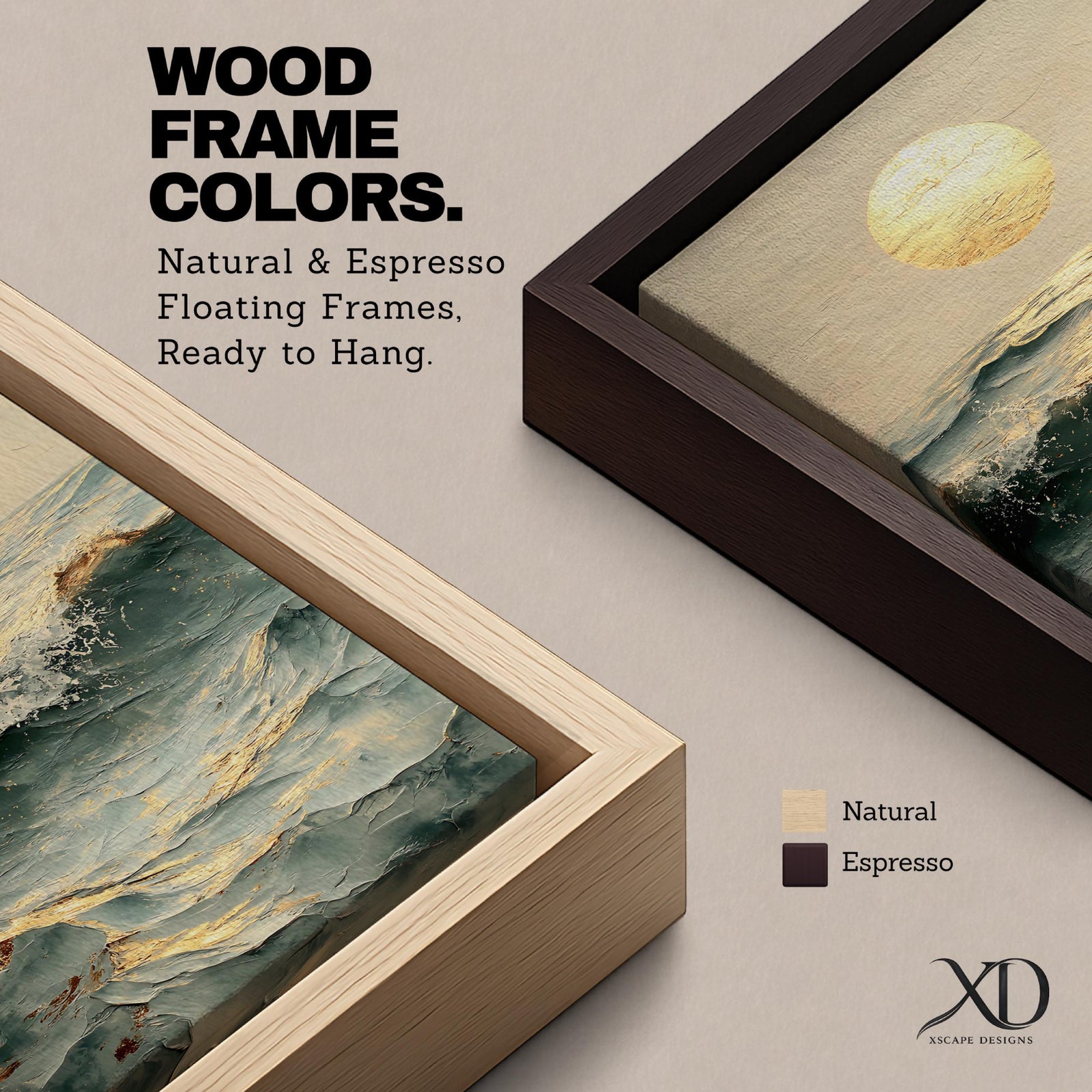 A framed canvas artwork depicting ocean waves under a large glowing sun, rendered in a vintage style with textured brushstrokes capturing the dynamic movement of the sea and the warm light reflecting on the water’s surface.