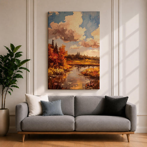 A framed impasto style painting depicting an autumn landscape with a river flowing through vibrant fall foliage and trees under a partly cloudy sky, rendered with textured brushstrokes emphasizing the rustic natural scene.