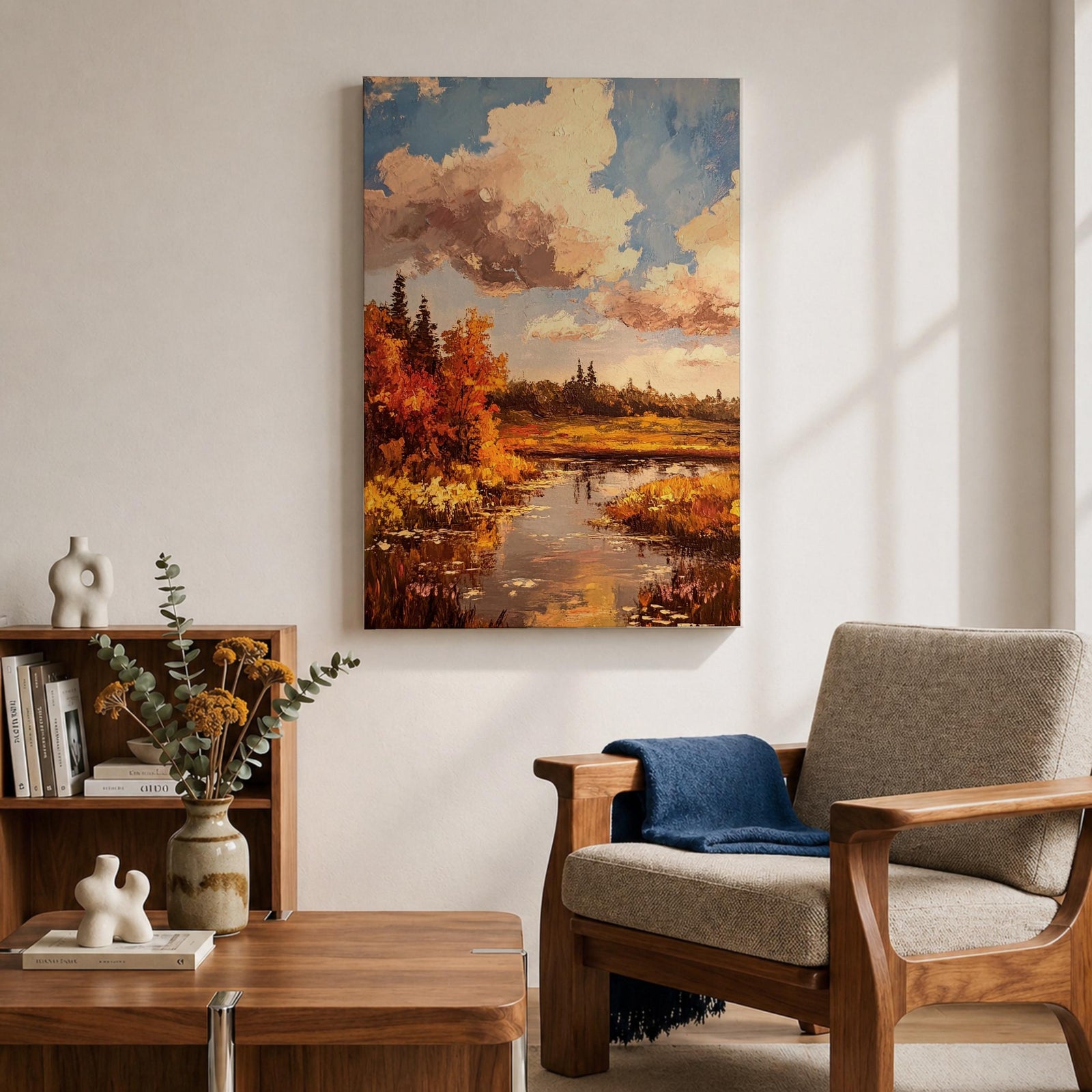 A framed impasto style painting depicting an autumn landscape with a river flowing through vibrant fall foliage and trees under a partly cloudy sky, rendered with textured brushstrokes emphasizing the rustic natural scene.