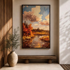 A framed impasto style painting depicting an autumn landscape with a river flowing through vibrant fall foliage and trees under a partly cloudy sky, rendered with textured brushstrokes emphasizing the rustic natural scene.