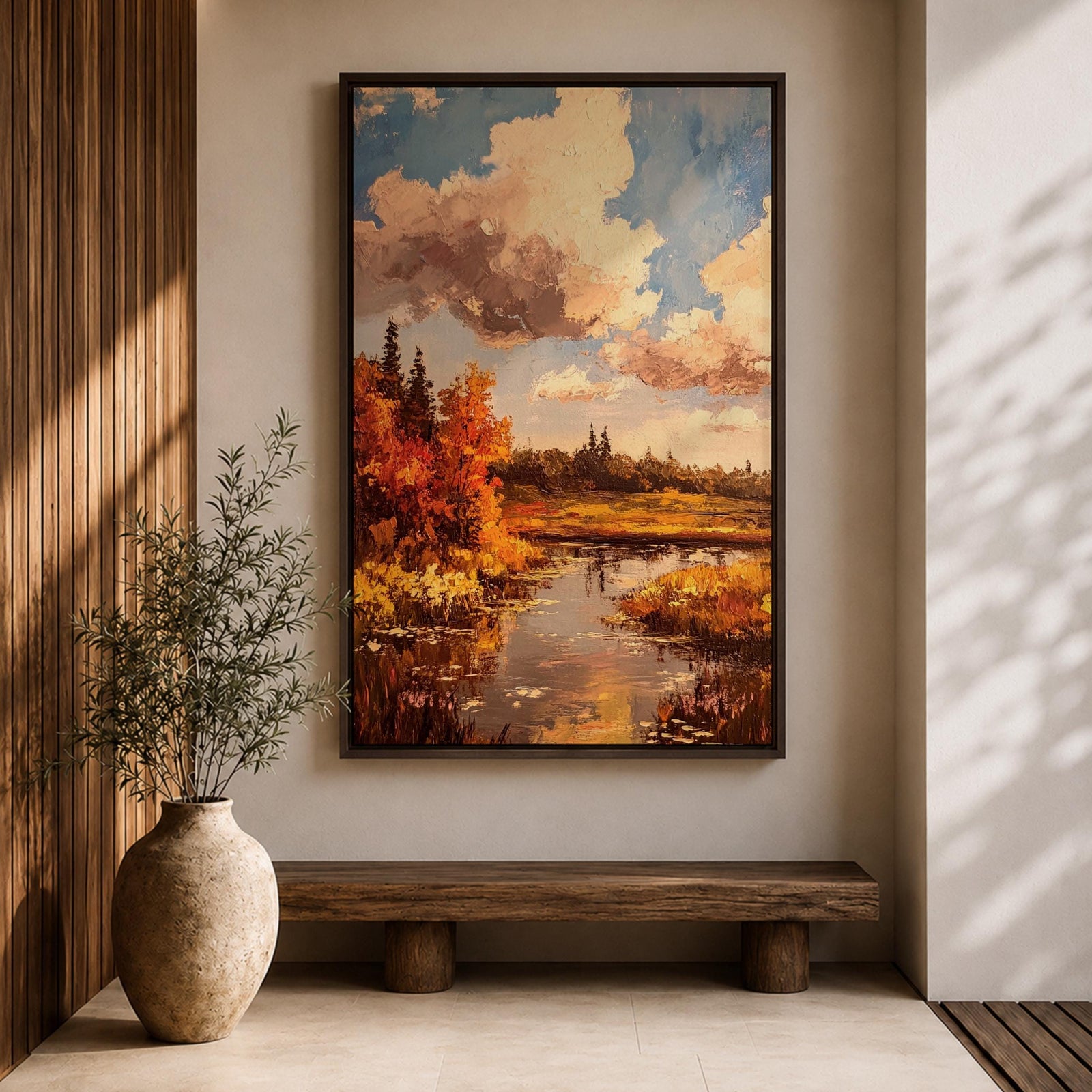 A framed impasto style painting depicting an autumn landscape with a river flowing through vibrant fall foliage and trees under a partly cloudy sky, rendered with textured brushstrokes emphasizing the rustic natural scene.