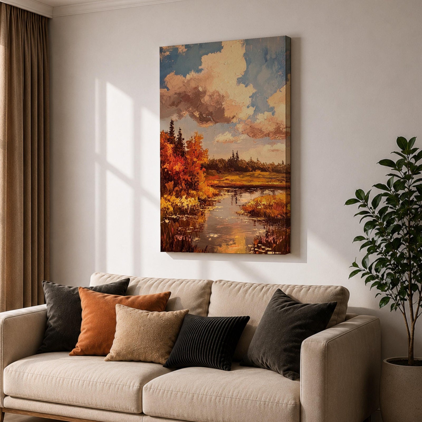 A framed impasto style painting depicting an autumn landscape with a river flowing through vibrant fall foliage and trees under a partly cloudy sky, rendered with textured brushstrokes emphasizing the rustic natural scene.