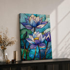 A stained glass style artwork depicting three lotus flowers with detailed petals in shades of blue and purple, set against a mosaic background of green and teal glass pieces, emphasizing the floral subject with a vibrant and intricate mosaic composition.