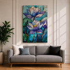 A stained glass style artwork depicting three lotus flowers with detailed petals in shades of blue and purple, set against a mosaic background of green and teal glass pieces, emphasizing the floral subject with a vibrant and intricate mosaic composition.