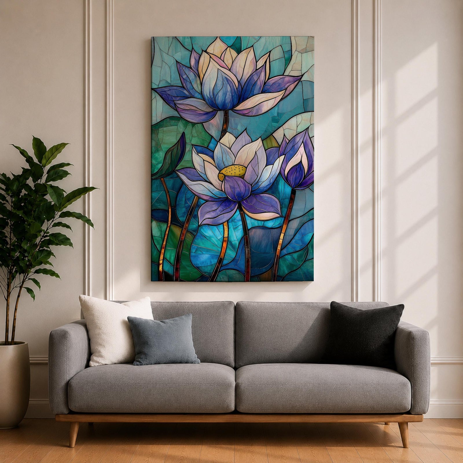 A stained glass style artwork depicting three lotus flowers with detailed petals in shades of blue and purple, set against a mosaic background of green and teal glass pieces, emphasizing the floral subject with a vibrant and intricate mosaic composition.