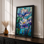 A stained glass style artwork depicting three lotus flowers with detailed petals in shades of blue and purple, set against a mosaic background of green and teal glass pieces, emphasizing the floral subject with a vibrant and intricate mosaic composition.