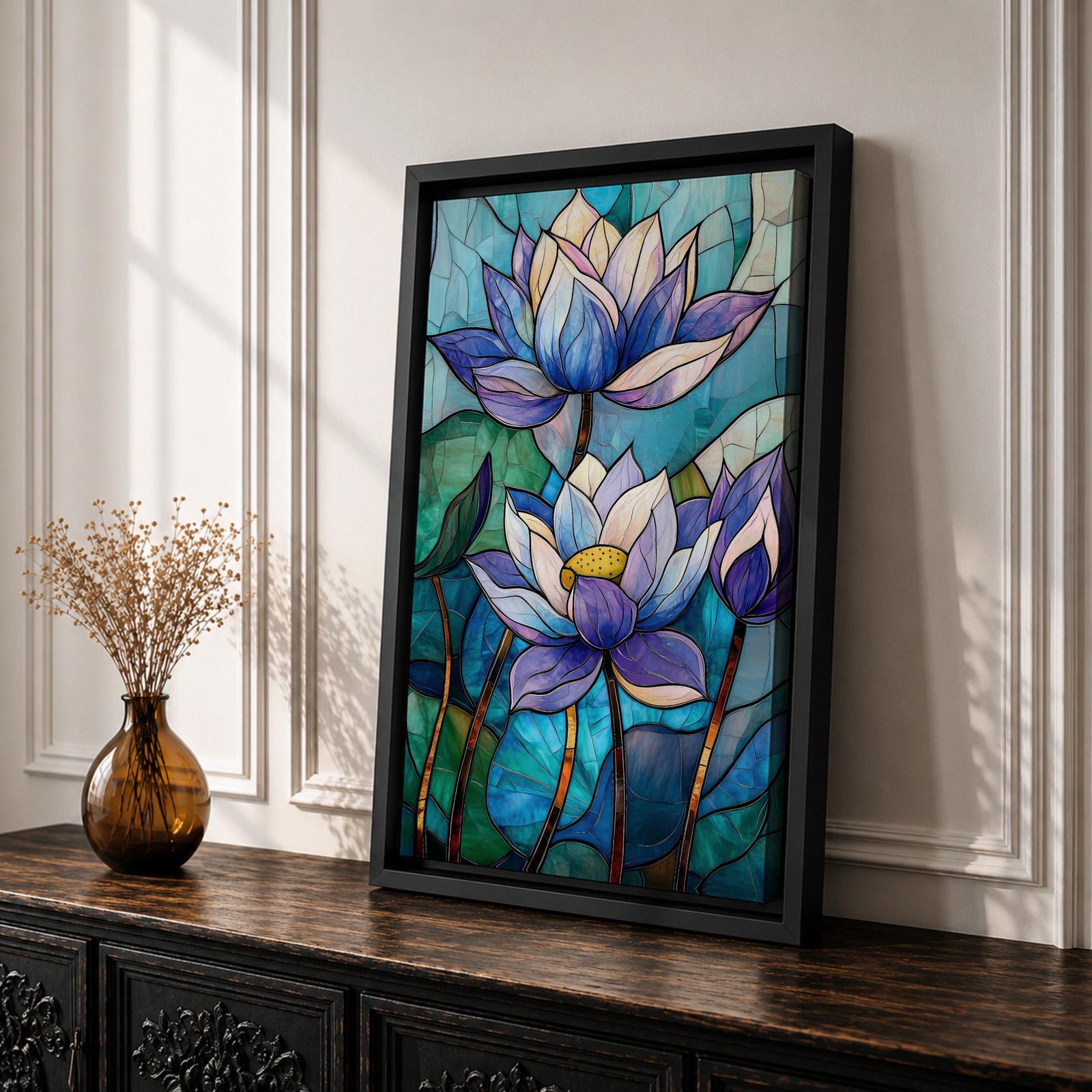 A stained glass style artwork depicting three lotus flowers with detailed petals in shades of blue and purple, set against a mosaic background of green and teal glass pieces, emphasizing the floral subject with a vibrant and intricate mosaic composition.