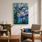 A stained glass style artwork depicting three lotus flowers with detailed petals in shades of blue and purple, set against a mosaic background of green and teal glass pieces, emphasizing the floral subject with a vibrant and intricate mosaic composition.